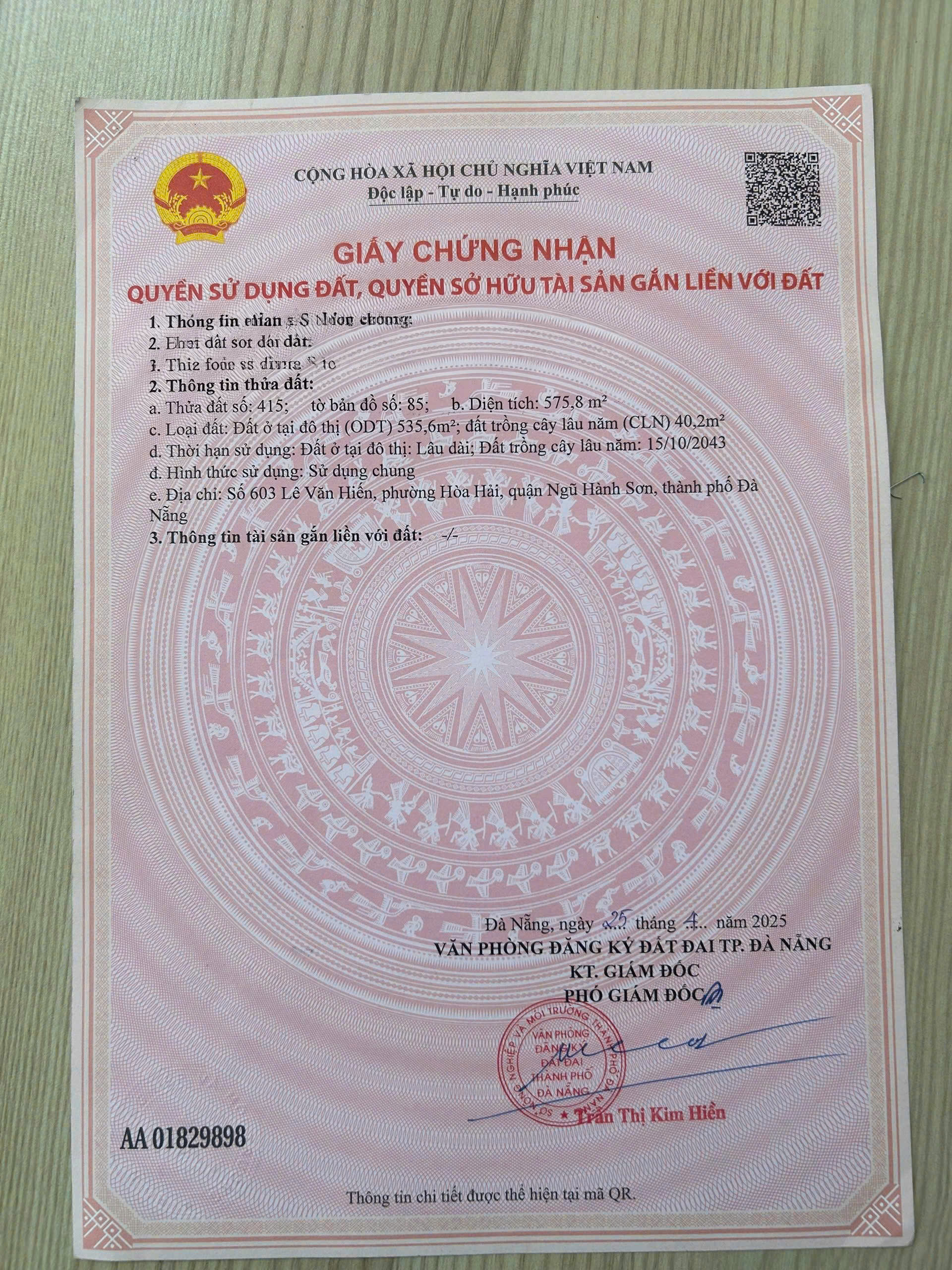 Sổ đỏ trang thông tin thửa 415